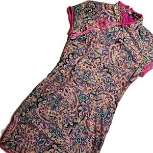 Vtg 90s gold pink floral paisley qipao cheongsam Asian mini dress psychedelic M